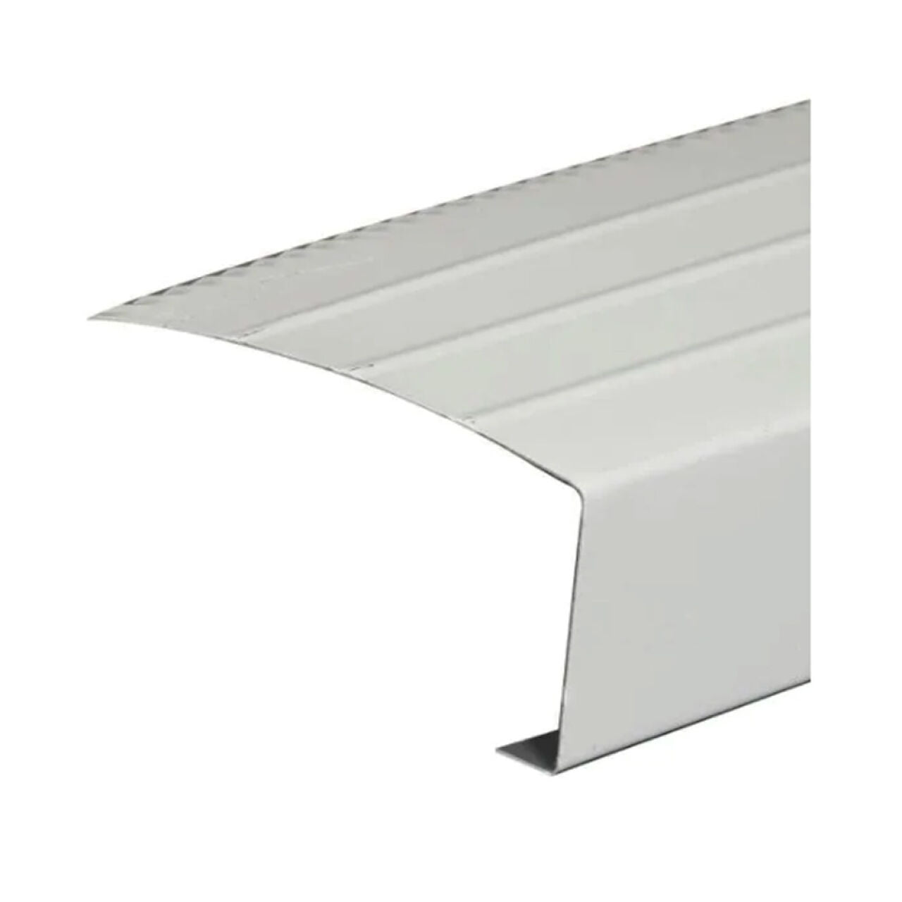 A close-up of the Go Build 1/2 in. x 10 ft. B5 Aluminum Drip Edge Flashing in white, showing its angled, flanged shape for roof edge protection, set against a plain background. Brand: The Fastest Way To Build.